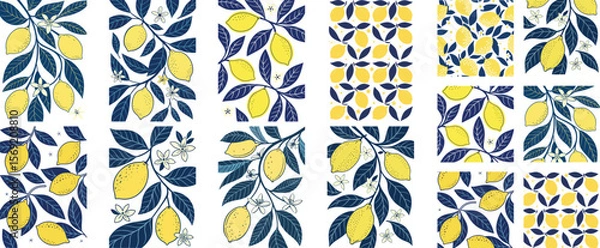Fototapeta Summer in Amalfi Coast – Mediterranean Seamless Vector Pattern with Lemons, Sardines, Italian Blue Tiles and Ceramics – Perfect for Invitations, Posters, Stamps, and Cards