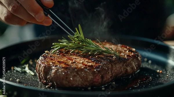 Fototapeta Chef decorating a plate with freshly grilled meat . Cooker adding a piece of rosemary with tweezers on top of steak - food art gourmet dinner.