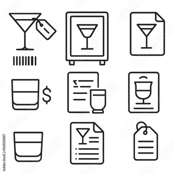 Fototapeta Cocktail Outline Icons. Outline style icons of Menu and Labeling for Cocktails: cocktail glass with label tag, drink name on label