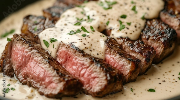 Fototapeta High quality close up of medium rare steak, creamy sauce.