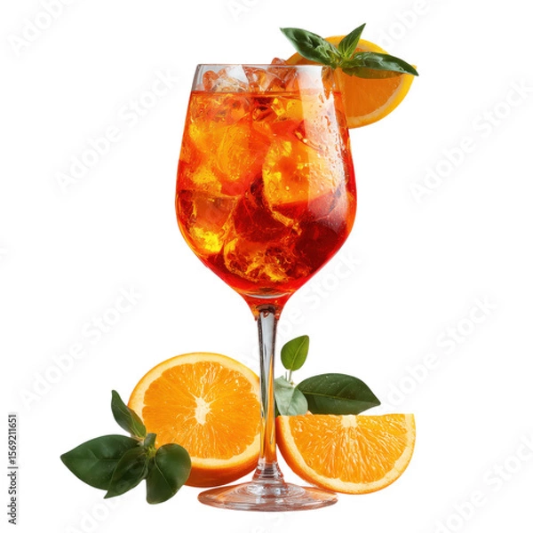 Obraz Refreshing aperol spritz cocktail in elegant glass garnished with orange and basil leaves