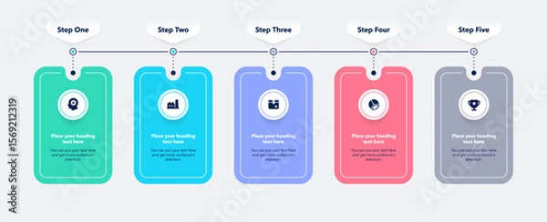 Obraz Horizontal process flow diagram with five steps. Flat presentation template with minimalistic icons for data visualization.