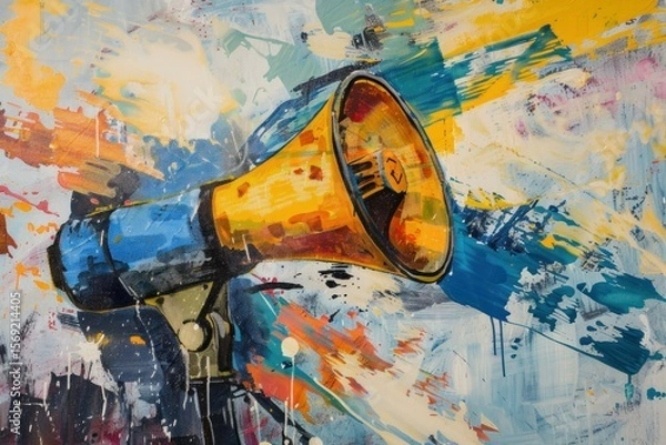Fototapeta Vibrant artwork showcasing megaphone, symbolizing communication and announcement, painted on an abstract background