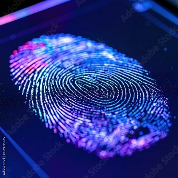 Fototapeta Close-up of a human fingerprint on a glowing digital touchscreen, with subtle smudges, light reflections, and neon tones in low lighting