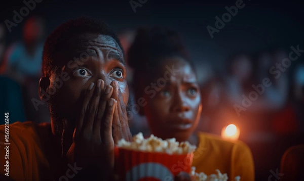 Fototapeta Horror movie. Scared black man and woman watching a movie in a theater with a box of popcorn.
