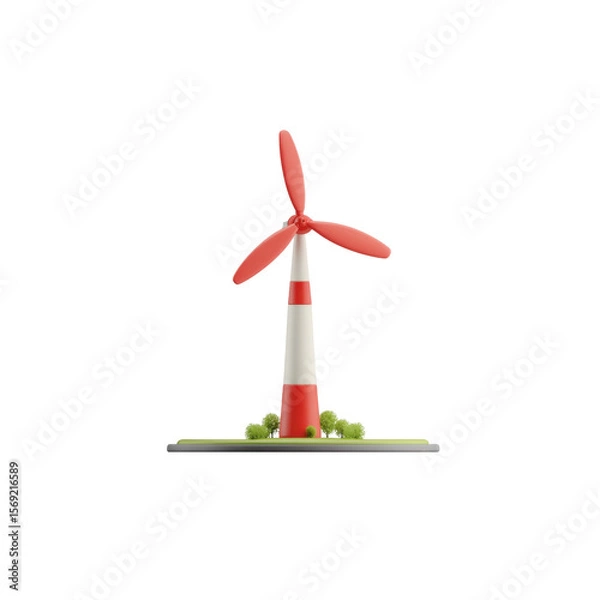 Fototapeta A simple cartoon-styled wind turbine with a red rotor, a white and red column, and a green base with small bushes