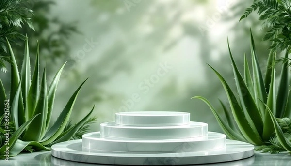 Obraz White podium with green leaves shadow