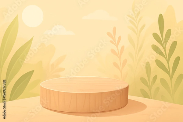 Obraz Wooden podium with yellow leaf pattern background
