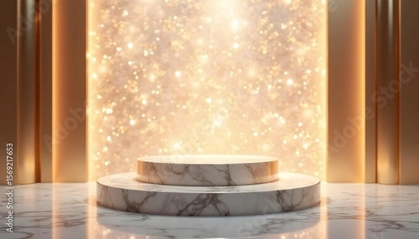 Obraz Marble podium with sparkling gold light