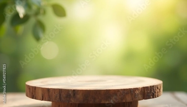 Obraz Wooden podium with green blurred background	
