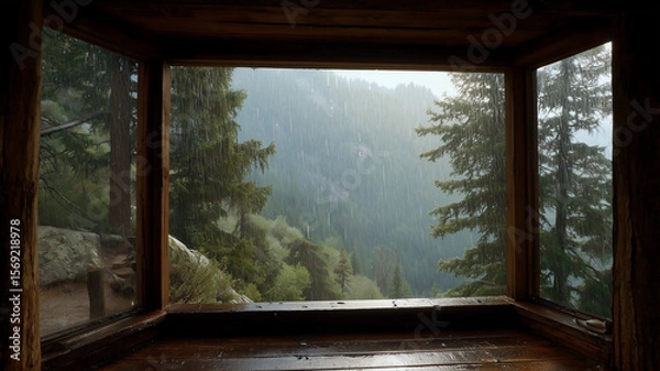 Obraz Looking out of rustic cabin window at heavy rain