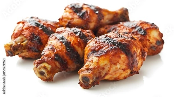 Fototapeta Photograph of five grilled chicken drumsticks arranged on a white surface, glistening with glaze.