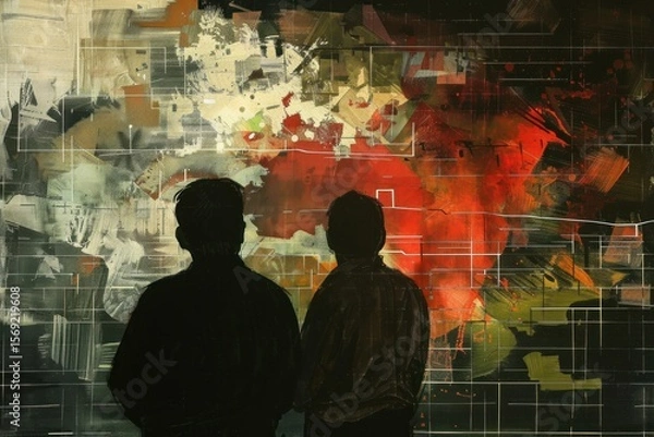 Fototapeta Two individuals are captivated by a large, abstract painting evoking the chaotic and destructive nature of modern warfare