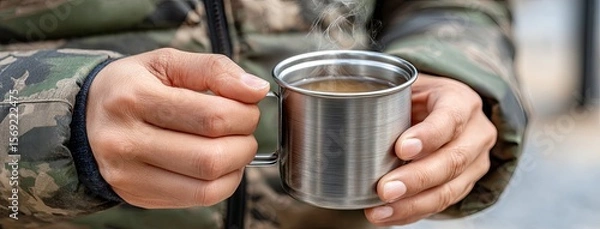 Fototapeta Warm coffee in a shiny metal mug held by a traveler in an outdoor jacket while enjoying a sunset view in the mountains