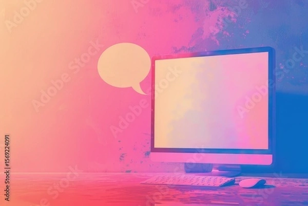 Fototapeta Modern desktop computer displaying blank screen with speech bubble, suggesting online chat, social media, and virtual communication in a colorful setting