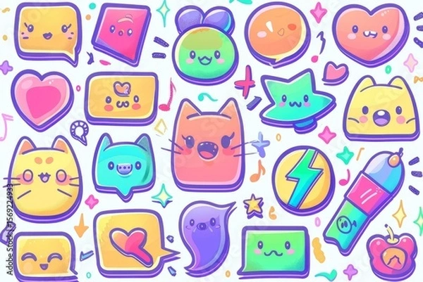 Fototapeta Colorful and vibrant kawaii stickers featuring adorable characters, hearts, stars, and speech bubbles, creating a playful and cheerful design