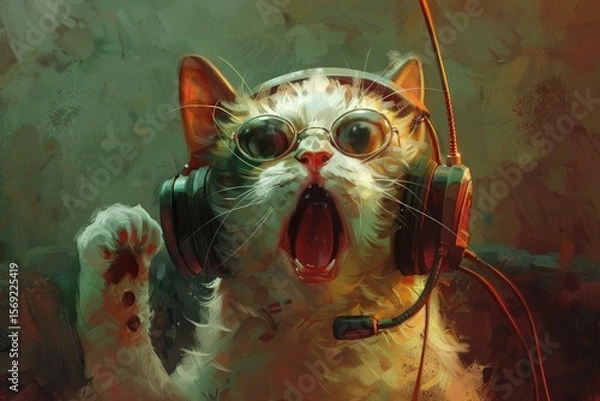 Fototapeta Excited cat wearing headphones and glasses is streaming a videogame and shouting