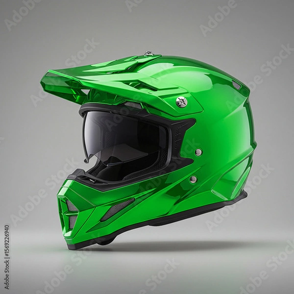 Obraz Bright Green Motocross Helmet Protective Gear for OffRoad Adventures