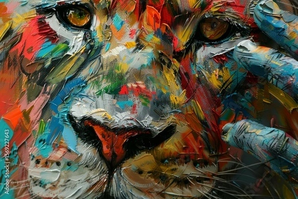 Fototapeta Artist working on a vibrant impasto painting of a lion, applying thick layers of paint with a palette knife