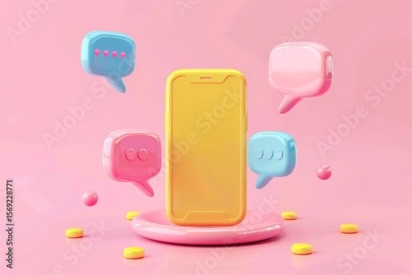 Fototapeta Yellow smartphone exchanging messages with colorful speech bubbles floating around it on a pink background, concept of online communication