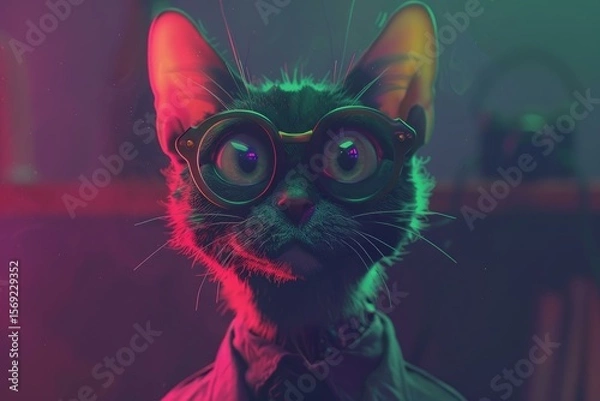 Fototapeta Close up of a cat wearing round glasses and a shirt, illuminated by vibrant neon lights, creating a cool and stylish atmosphere