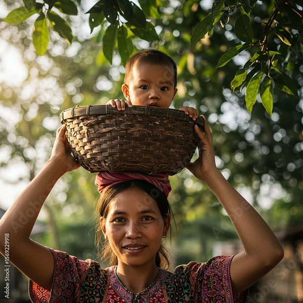 Obraz Mother Carrying Baby in Woven Basket A Powerful Portrait