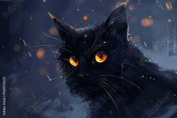 Fototapeta Digital painting of a black cat with bright, glowing eyes in a snowy, atmospheric night scene