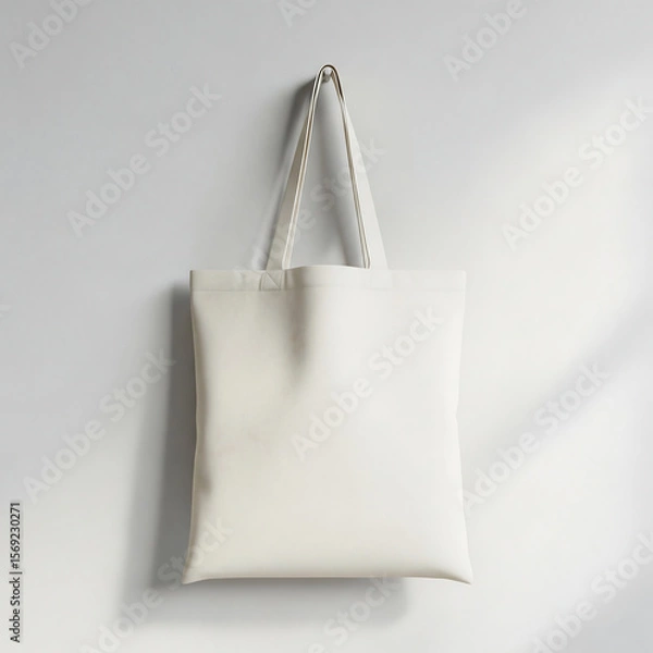 Fototapeta  Canvas tote bag hanging on wall with blank surface, reusable shopping bag mockup, eco friendly theme"
