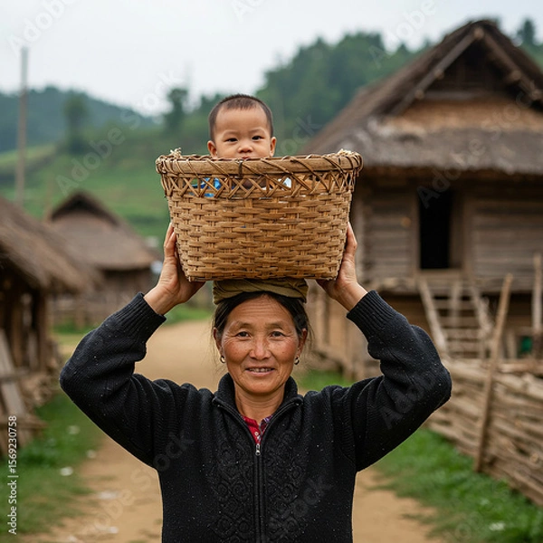 Obraz Vietnamese Village Life Grandmother Carrying Baby in Woven Basket