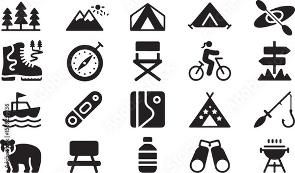 Fototapeta Travel - thin line vector icon set. Camping, outdoor adventure icon set. Vector glyph pictograms of eco-tourism, tent, backpack, campfire, compass, kayak, hiking, travel, wilderness exploration black 