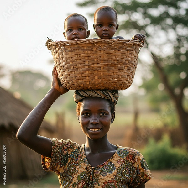 Obraz African Mother Carrying Twins in Woven Basket