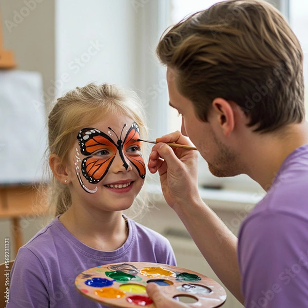 Obraz Face Painting Artist Creating Butterfly Design on Childs Face