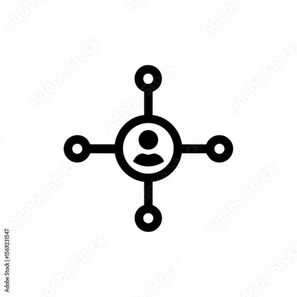 Fototapeta Minimalist vector icon of a central person connected to four nodes, symbolizing social networking, influence, or personal connection in a digital space.

