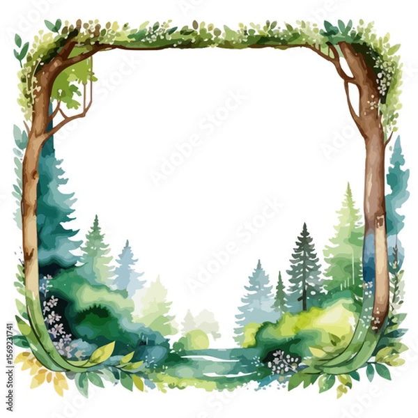 Fototapeta Frame from forest trees and green leaves. Vector isolated decoration element