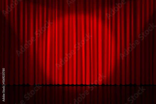 Fototapeta Theatre stage with red curtains and spotlight beam background. Vector