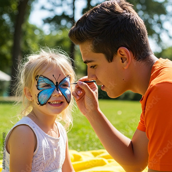 Obraz Face Painting Young Boy Applying Butterfly Design on Girls Cheek Outdoors