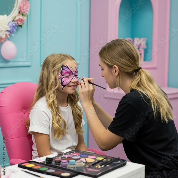 Obraz Professional Face Painter Applying Butterfly Design on Young Girls Face