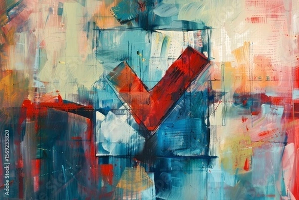 Fototapeta Abstract painting with a red check mark symbolizing validation, approval, and success