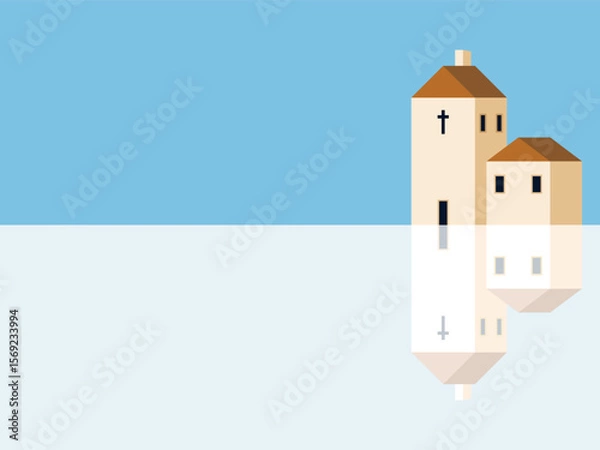 Fototapeta Minimalist Church Illustration with Reflection on River with Copy Space.