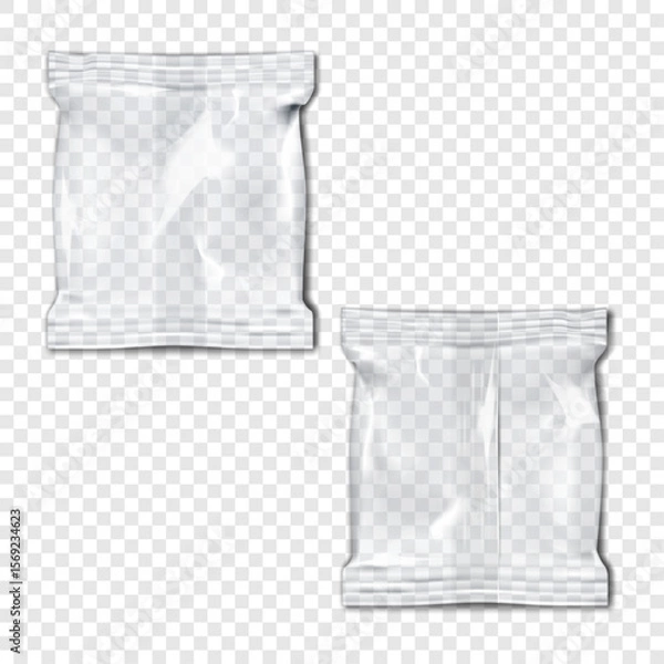 Fototapeta Square clear plastic pillow bag front and back. Realistic 3d mockup. Transparent three-seam pouch package. Vector mock-up. Flow-pack packaging. Easy editable template
