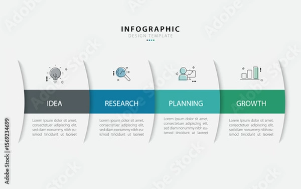 Fototapeta Business infographic template. 4 Step timeline journey. Process diagram, 4 options on white background, Infograph elements, technology, education, modern vector illustration.