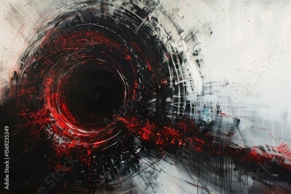 Fototapeta Abstract painting featuring dynamic swirls of red and black merging with a white background, creating a sense of depth and movement