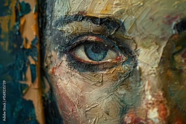 Fototapeta Close up of an oil painting featuring a captivating blue eye, showcasing the artist's expressive impasto technique