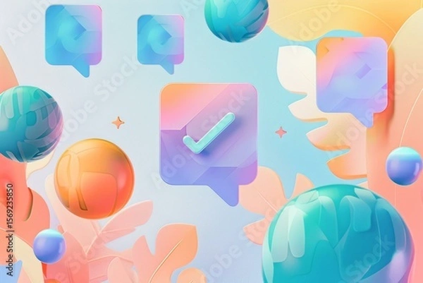 Fototapeta 3d rendering of colorful social media notification icons with a check mark, symbolizing approval and validation in online communication