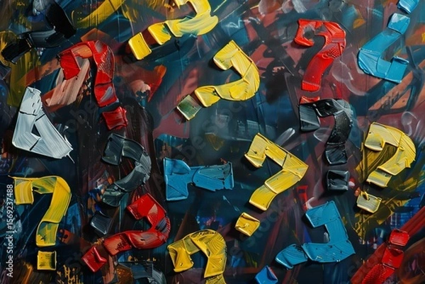 Fototapeta Bold, colorful question marks painted on a textured background represent uncertainty, inquiry, and the search for answers