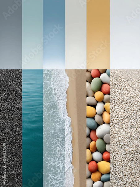 Fototapeta Vertical Bands of Sand, Sea and Stone Texture: Pebbled Shoreline Mood Board
