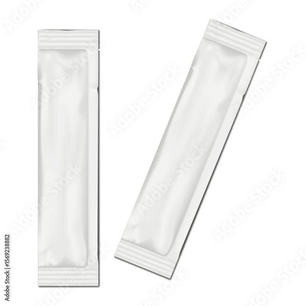 Fototapeta Blank white three-side seal sugar stick sachet packet with tear notches. 3d mockup. Long plastic pouch bag. Realistic vector mock-up. Food, medical product individual package. Template for design