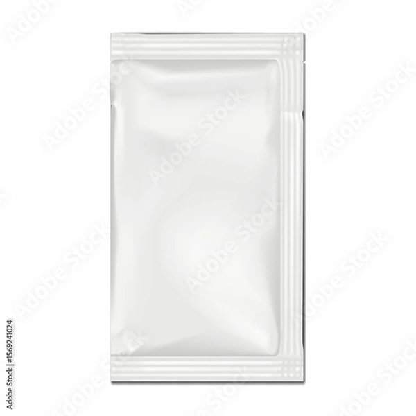 Fototapeta Blank white rectangle 3-side seal sachet packet with tear notches. 3d mockup. Plastic pouch bag. Realistic vector mock-up. Food, medical or cosmetic product individual package. Template for design