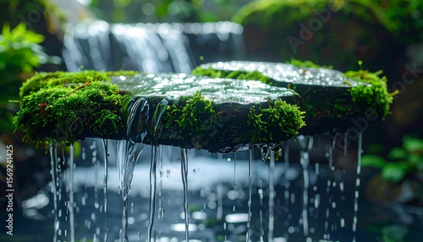 Fototapeta A waterfall flowing over floating moss-covered stones, surrounded by glowing bioluminescent plants, surreal nature concept, soft morning light, unique stock-ready composition, unseen on Adobe Stock.