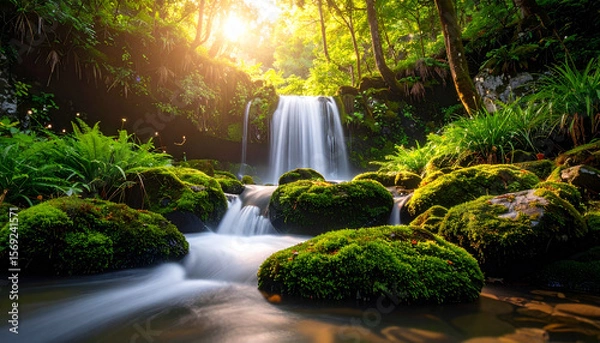 Fototapeta A waterfall flowing over floating moss-covered stones, surrounded by glowing bioluminescent plants, surreal nature concept, soft morning light, unique stock-ready composition, unseen on Adobe Stock.